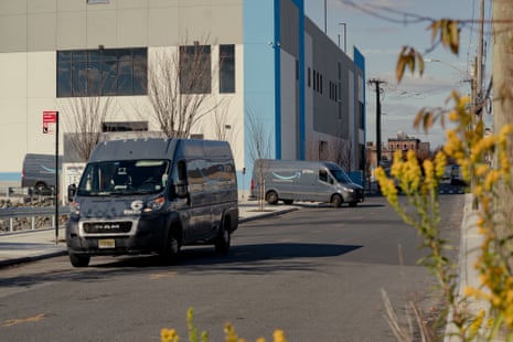 Amazon trucks leave the Beard Street facility in Red Hook, Brooklyn, on 12 November 2022.