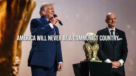 Trump and a man on stage with a big gold prize.