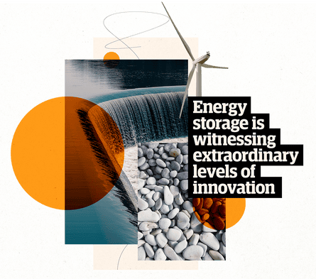 Collage of pictures (wind turbine, reservoir) with quote: “Energy storage is witnessing extraordinary levels of innovation”