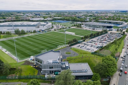 An aerial view of the headquarters with a training pitch separating it from the Joie Stadium