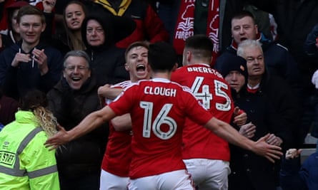 Nottingham Forest’s Ben Osborn celebrates scoring his side’s second goal with Zach Clough, scorer of the first and third, and Ben Brereton.