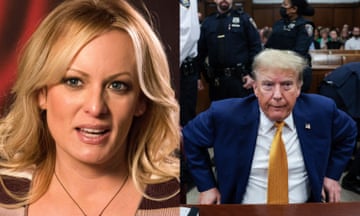 Stormy Daniels in Berlin on 11 October 2018. Donald Trump in court in New York on 7 May 2024.