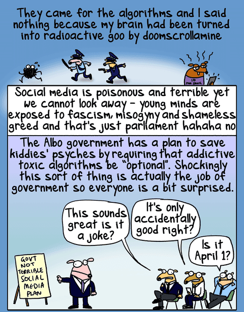 Cartoon by First Dog on the Moon titled Algorithms Booooo, panel 1