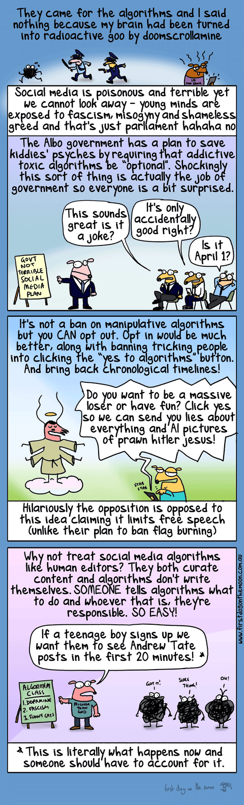 Cartoon by First Dog on the Moon titled Algorithms Booooo, panel 1