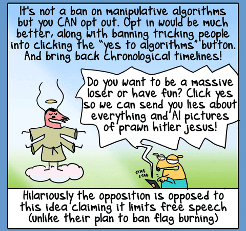 Cartoon by First Dog on the Moon titled Algorithms Booooo, panel 2