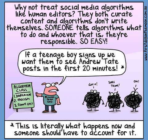 Cartoon by First Dog on the Moon titled Algorithms Booooo, panel 3