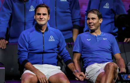 Roger Federer and Rafael Nadal in tears and holding hands after their doubles game v Frances Tiafoe and Jack Sock, the final match before Federer’s retirement, during day one the Laver Cup tennis tournament at the O2 Arena on September 23rd 2022 in Greenwich, London.
