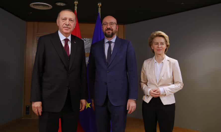 Recep Tayyip Erdoğan (left) meets Charles Michel and Ursula Von der Leyen.
