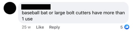 A screenshot from a conversation on a WA community Facebook group which says ‘baseball bat or large bolt cutters have more than one use’