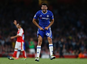 Chelsea’s Diego Costa reacts during Chelsea’s 3-0 defeat by Arsenal at the Emirates Stadium, their second league defeat on the bounce. Arsène Wenger inflicted Antonio Conte’s heaviest league defeat since October 2010, when he was the manager of Siena (a 3-0 loss to Empoli) and the result ensured Wenger’s first win over Chelsea in the league for almost five years
