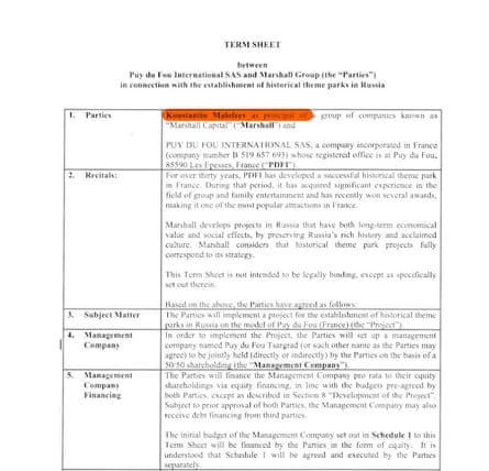 A ‘term sheet’ document governing a 50:50 venture called Puy du Fou Tsargrad.