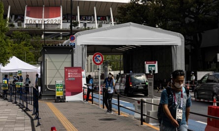 A security gate is set up near the National Stadium, the main venue for the Tokyo Olympics.