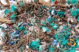 Elastic bands and fishing waste collected from the uninhabited Mullion island off the Cornish coast