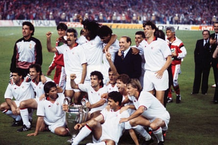 Franco Baresi and his Milan teammates celebrate beating Steaua Bucharest 4-0 to win the 1989 European Cup