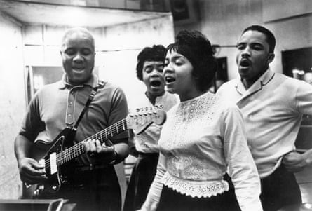 Some of the Staple Singers Pops, Cleotha, Mavis and Pervis performing in the studio in the late 1950s.