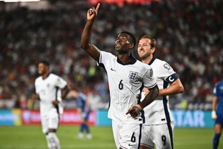 Marc Guéhi celebrates after scoring against Serbia