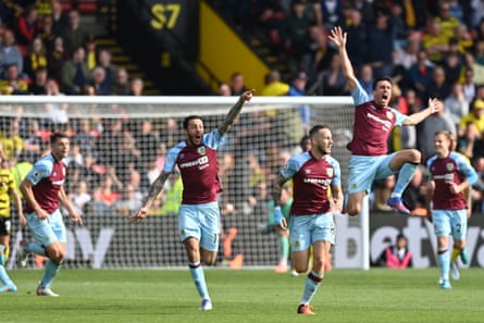 Burnley’s players celebrate after Josh Brownhill scores their second goal in a 2-1 defeat of Watford at Vicarage Road