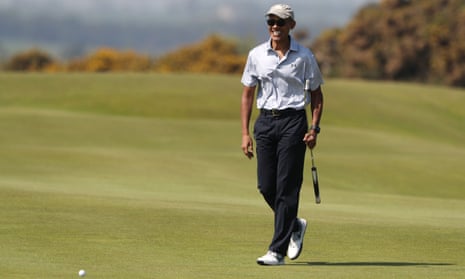 Obama plays a round of golf at St Andrews golf club.