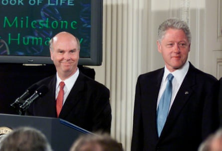 Venter with President Bill Clinton in the East Room of the White House, June 2000, where he announced the completion of the first draft of the human genome.
