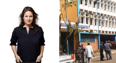 Composite photo of a young white woman and soliders on a street in Sierra Leone.