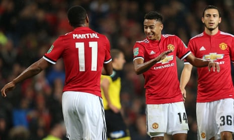 Anthony Martial celebrates Manchester United’s fourth against Burton.
