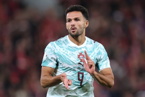 Goncalo Ramos of Portugal celebrates scoring his team’s second goal.