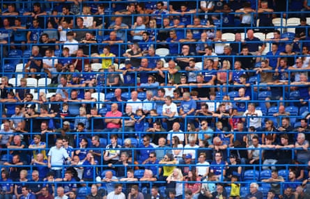 Supporters of Chelsea fill a special safe standing area – albeit they weren’t permitted to stand for a few more months.