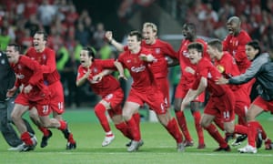 Liverpool players react to winning the 2005 Champions League final on penalties.