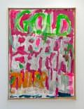 A painting with writing in various colours