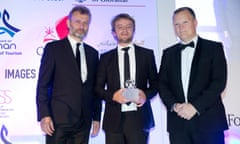 Journalist of the Year Award winner Daniel Taylor alongside Hugh Dennis (left) at the Foreign Press Association Media Awards 2017 at the Sheraton Grand Park Lane Hotel in London