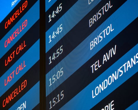 A view of a digital board showing cancelled flights to the Middle East at the Vaclav Havel airport in Prague, Czech Republic.