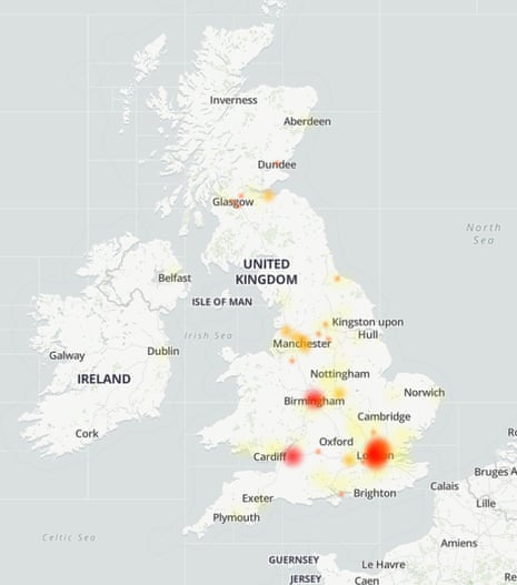 A map showing that reports of Virgin Media outages have come in from across the UK.