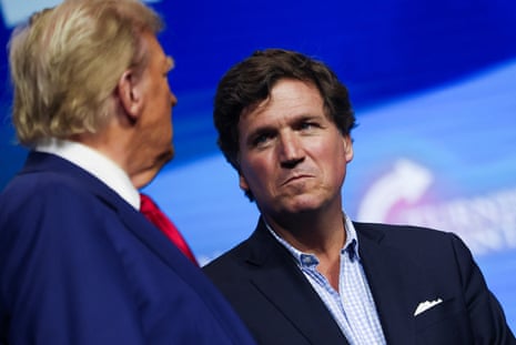 Tucker Carlson campaigning in 2024 with Donald Trump.