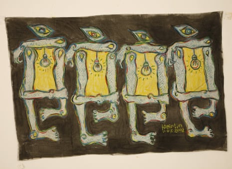 Four near-identical figures with eyes for heads and a lightbulb in their torsos