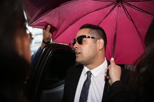 Jarryd Hayne arrives in court in Newcastle to hand down the verdict on Thursday