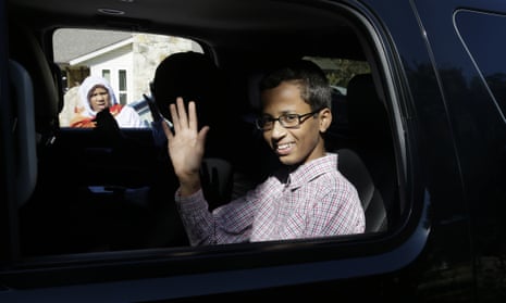 Ahmed Mohamed, 14, waves before leaving his family’s home in Irving, Texas.