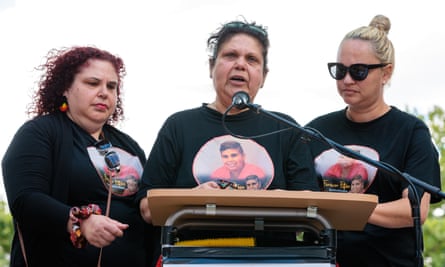 Mechelle Turvey (centre) mother of Cassius Turvey speaks during a rally in Perth on Wednesday.