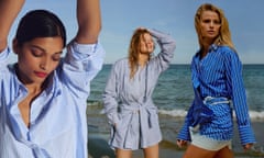 Three female models wearing different styles of blue and white striped shirts