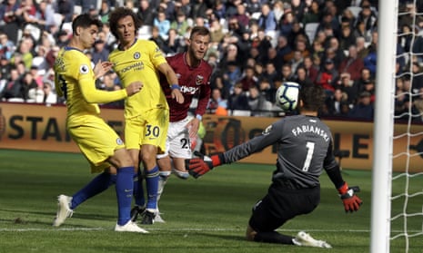 West Ham goalkeeper Lukasz Fabianski stops a shot from Chelsea’s Alvaro Morata.