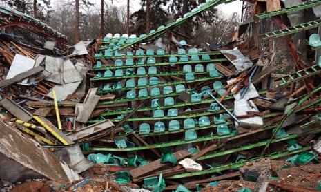 Damaged rows of seats on the stands of the Chernihiv Olympic Sports Training Centre (formerly Yuri Gagarin Stadium) destroyed as a result of shelling, Chernihiv, northern Ukraine.