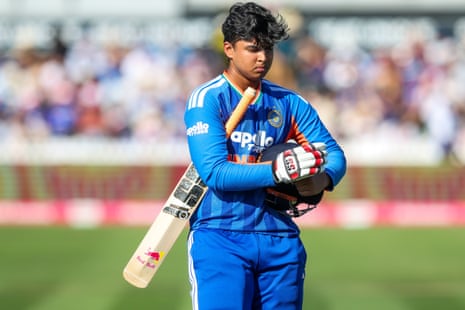 A disappointed Vaibhav Sooryavanshi of India leaves the field after he is out caught Sam Curran of England off Jofra Archer's bowling.