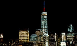 French national colours seen on top of the tower of One World Trade Center in New York