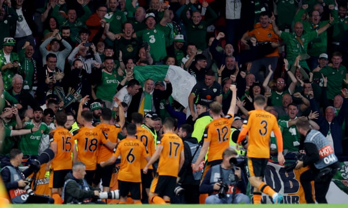 Republic of Ireland fans celebrate after John Egan scores his first goal.