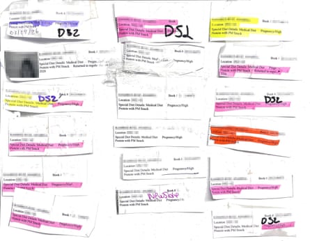 A composite image showing printed-out white stickers with yellow, purple, pink, or red highlighter.
