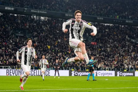 Juventus’ Kenan Yildiz celebrates scoring their second goal of the game against Napoli in Turin.