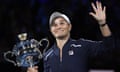 Ash Barty of Australia waves as she holds the Daphne Akhurst Memorial Cup after defeating Danielle Collins of the U.S., in the women's singles final at the Australian Open tennis championships 