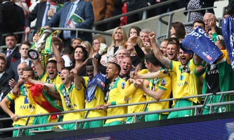 Norwich City celebrate promotion in 2015. Sébastien Bassong played for the Canaries and second-placed Watford that season.