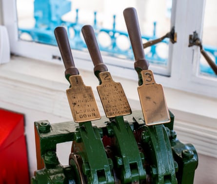 The controls to lift the bridge in the south control cabin of Tower Bridge, still polished and shining after 137 years,