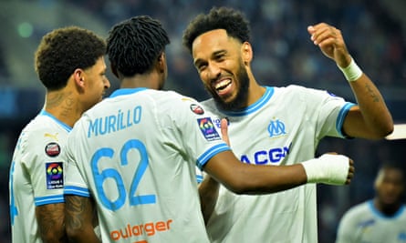 Pierre-Emerick Aubameyang celebrates with his Marseille teammates