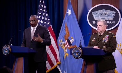 Lloyd Austin, the US defense secretary, with Gen Mark Milley, the chairman of the joint chiefs of staff, at a news briefing at the Pentagon in May.